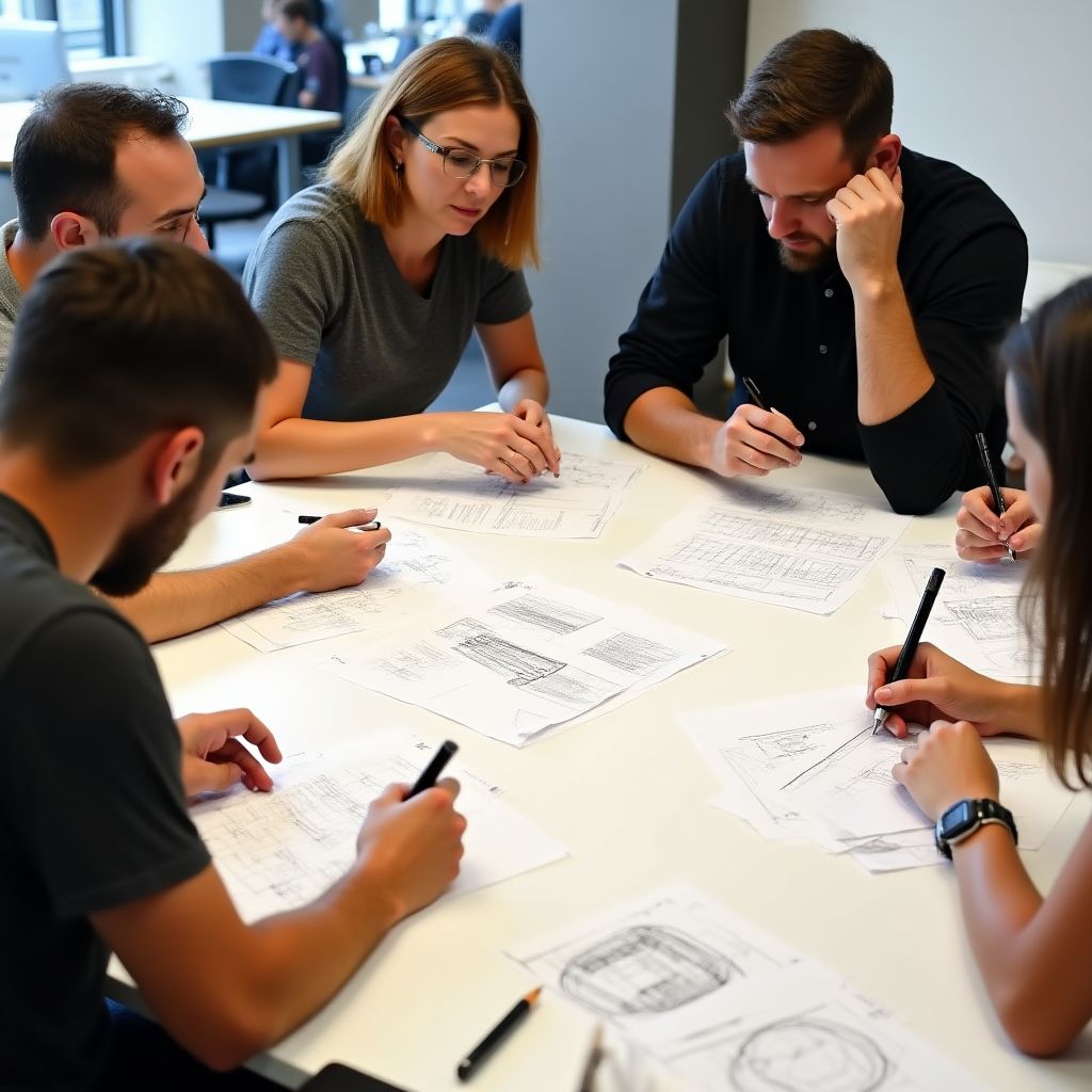 Un taller de diseño con participantes trabajando en bocetos.