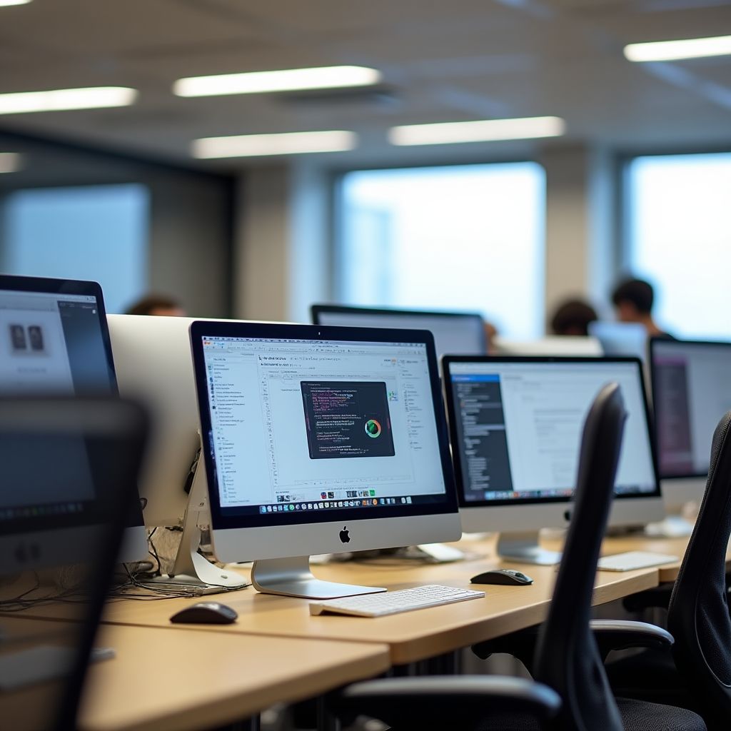 Espacio de estudio con computadoras y software de diseño.
