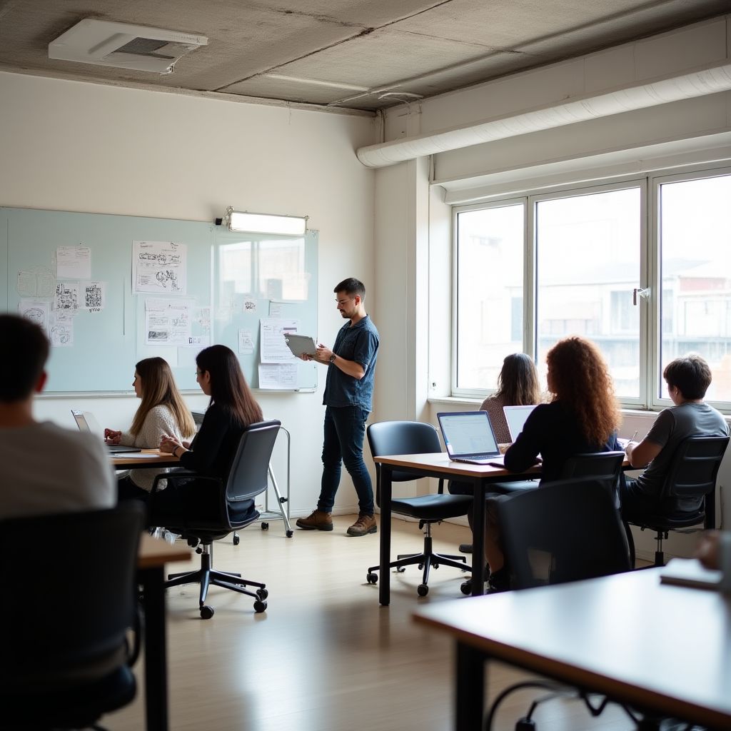 Un espacio de trabajo colaborativo con diseñadores trabajando en sus computadoras.