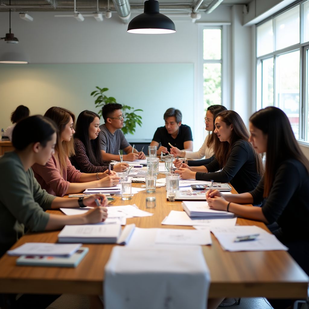 Equipo de diseñadores colaborando en un espacio de trabajo moderno.
